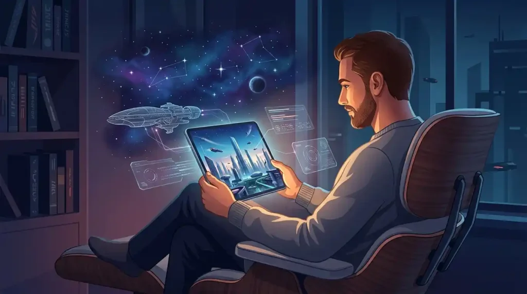 An adult reading science fiction content represented by a futuristic digital scene.