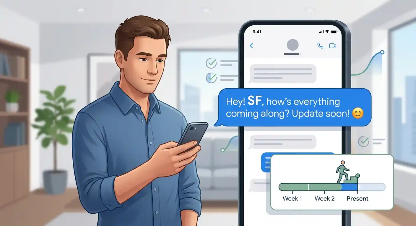 A smartphone message using SF to mean “so far” in a conversation about an ongoing experience.