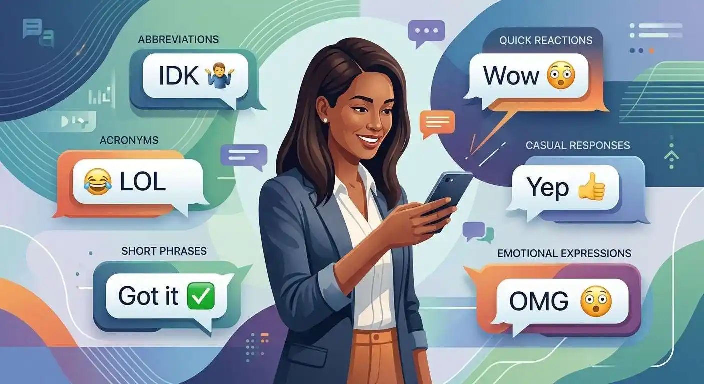 Adult user viewing different types of short chat expressions used in digital conversations.