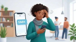 Adult reacting to a smartphone message with SMH, meaning “shaking my head.”
