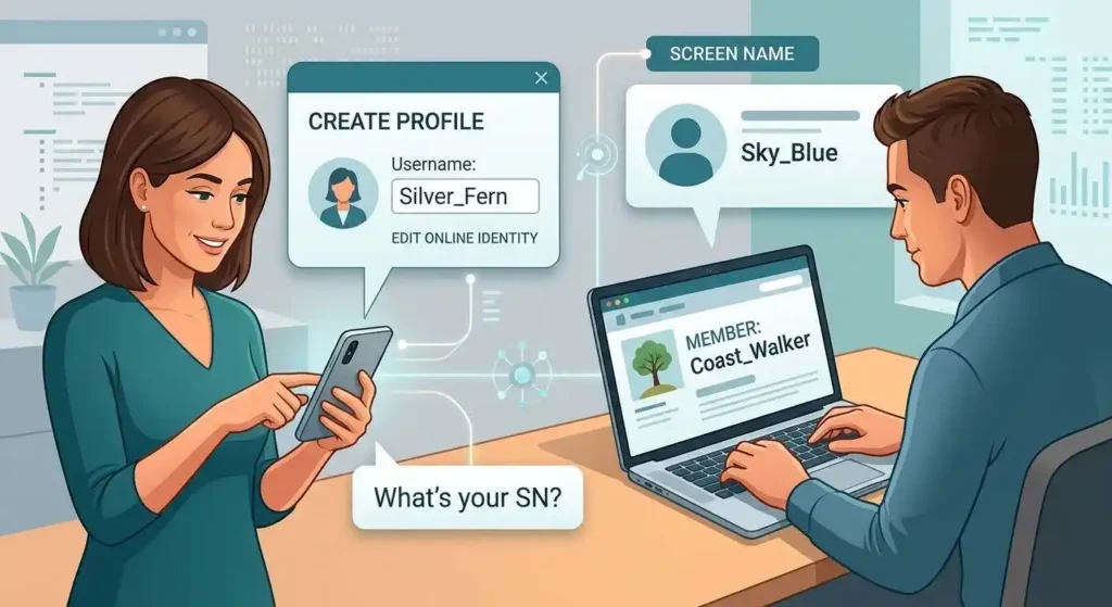 Adult user viewing an online profile and username associated with SN as screen name.