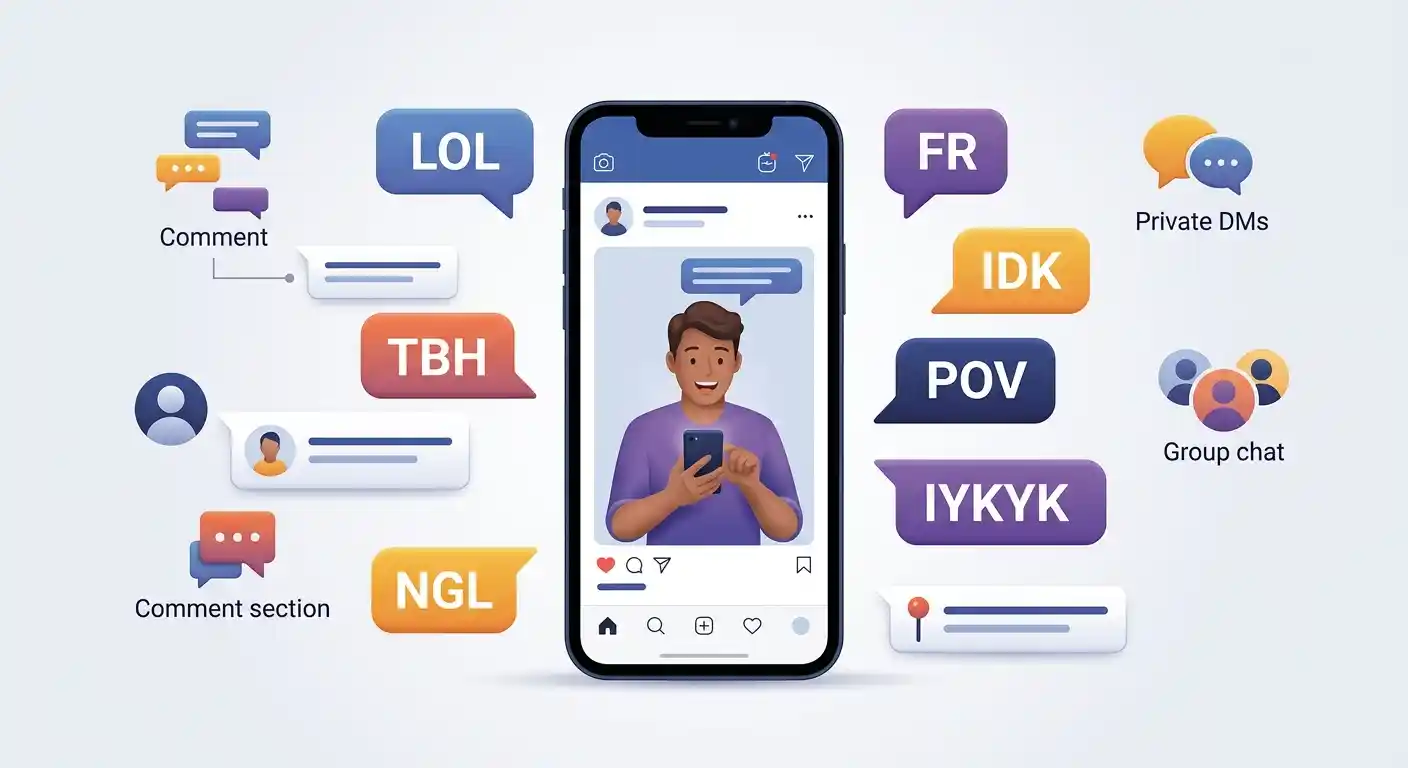 Adult using social media with chat bubbles showing common online slang and abbreviations