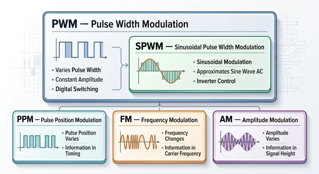 Comparison of SPWM with PWM and other modulation terms
