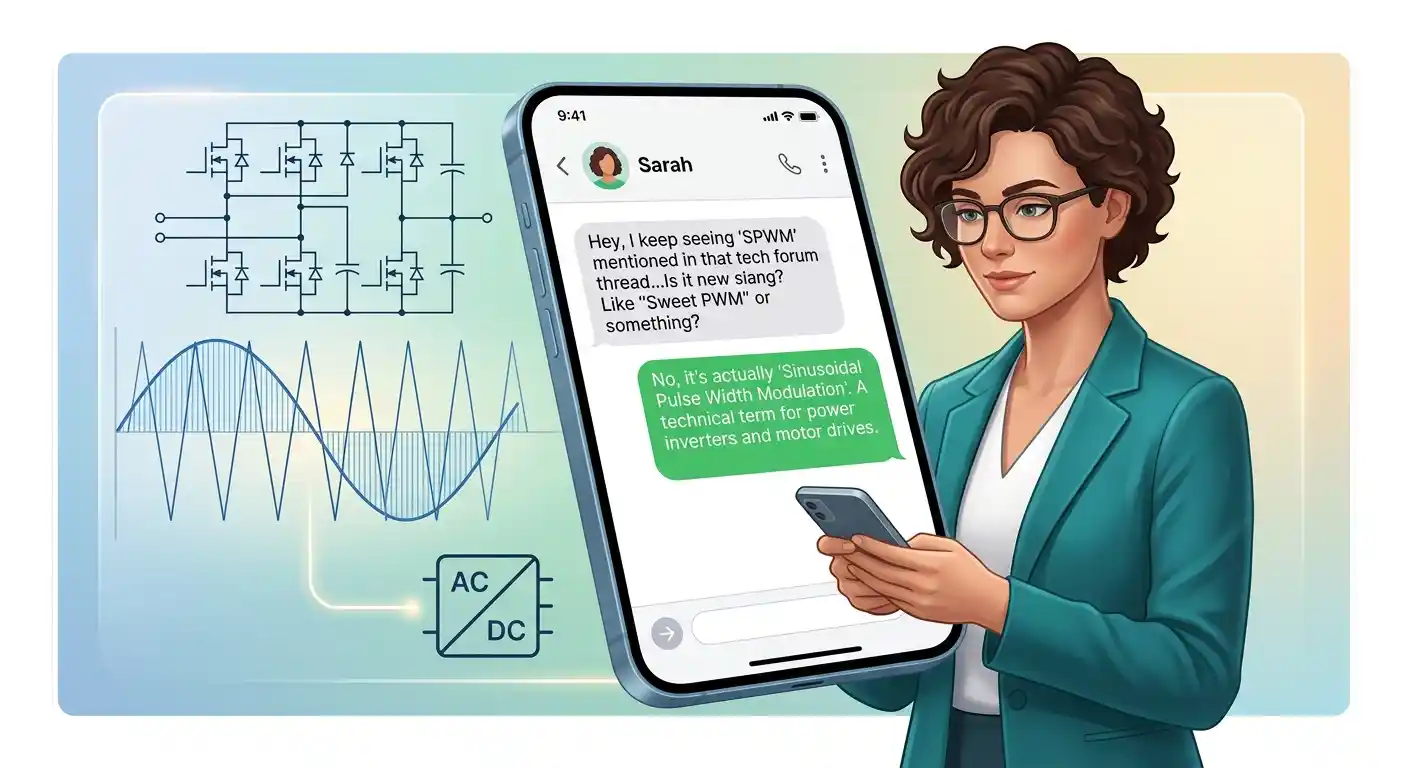 SPWM shown in a text message alongside electrical engineering symbols