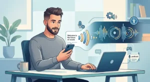 Adult using text-to-speech technology to convert written text into spoken audio