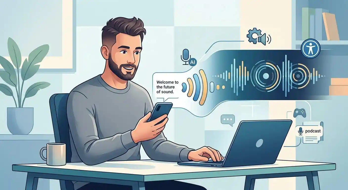 Adult using text-to-speech technology to convert written text into spoken audio