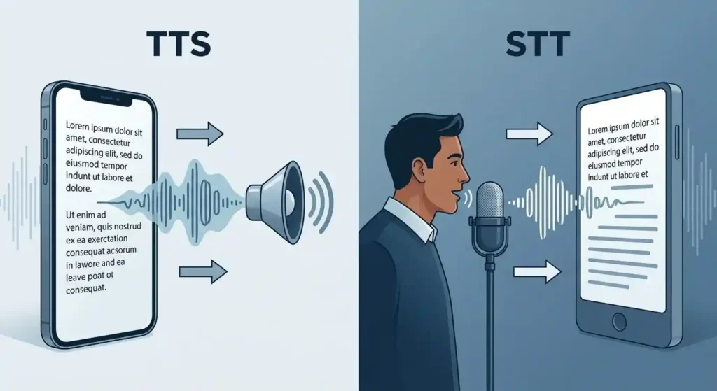 Visual comparison showing TTS converting text to speech and STT converting speech to text