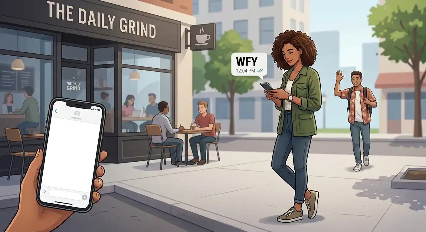 Adult waiting outside a café while messaging WFY on a smartphone