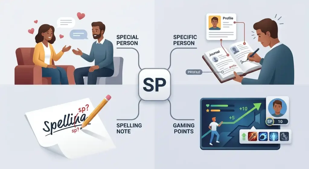 Visual comparison of SP meanings in personal chats, spelling notes, and gaming contexts.