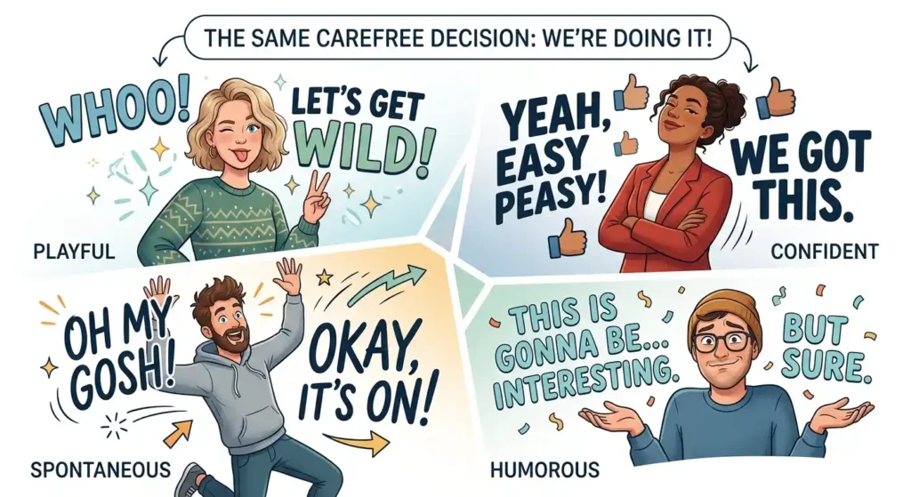Adult friends showing playful and confident reactions to a spontaneous decision.