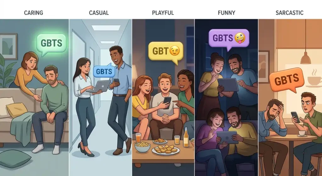 Different tones of GBTS including caring playful funny and sarcastic uses