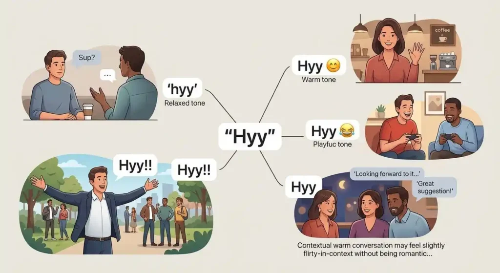 Examples showing how punctuation, emojis, and context can change the tone of HYY.