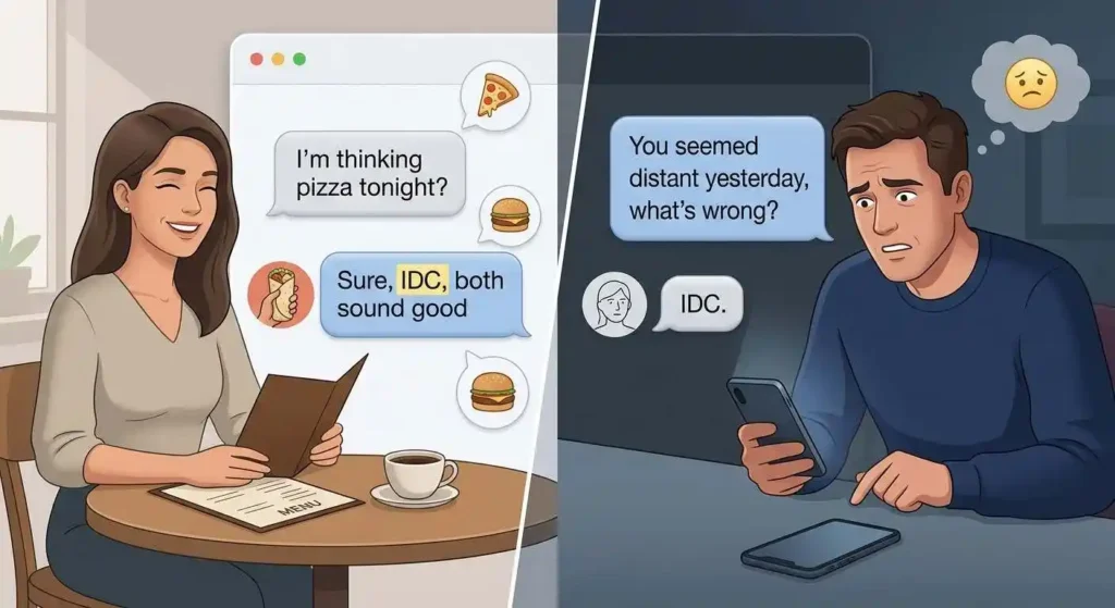 Two text conversations showing how IDC can sound neutral in one context and dismissive in another.