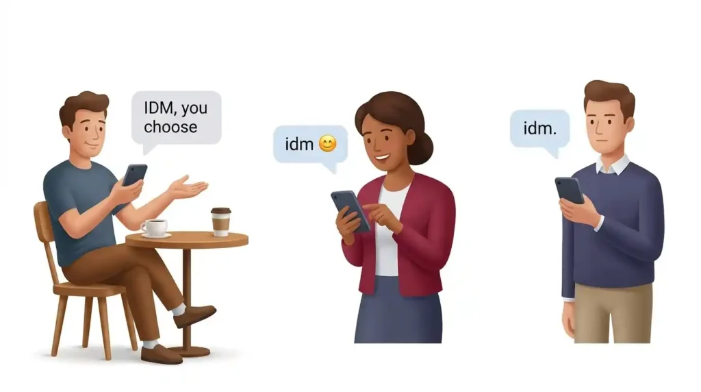 Three examples showing how IDM can sound relaxed, friendly, or emotionally neutral depending on context.