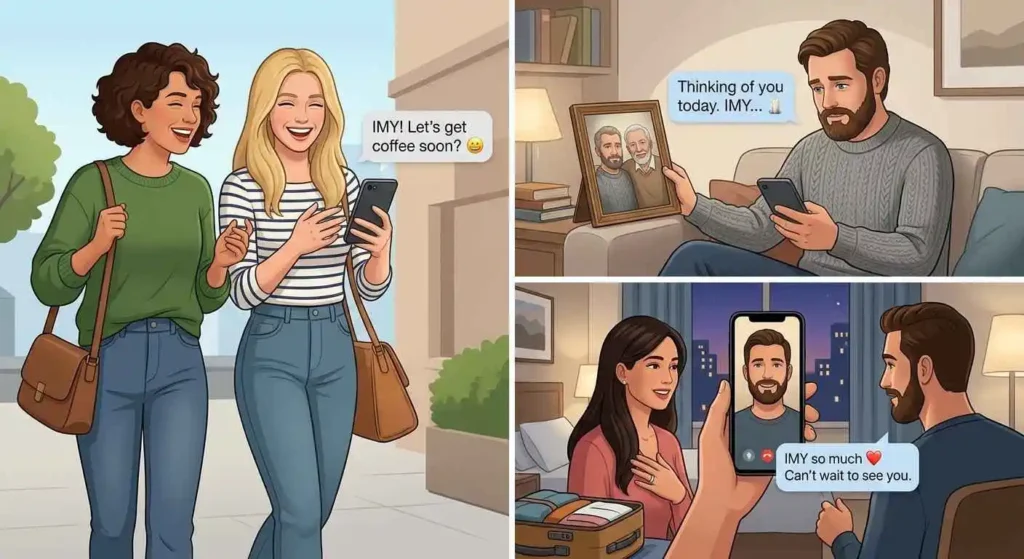 Examples showing how IMY can sound friendly, sentimental, or romantic depending on context