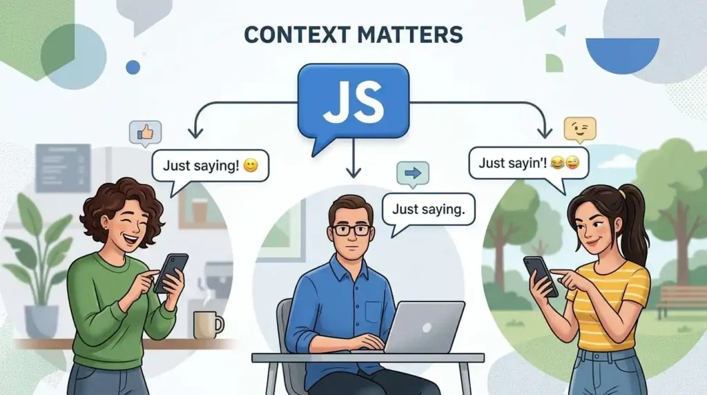 Illustration showing how the tone of JS can change between playful, blunt, and teasing conversations.