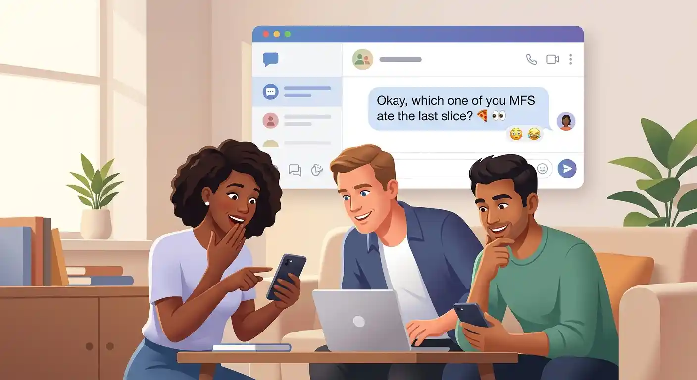 Group of adults reacting to a chat message illustrating the slang meaning of MFS.