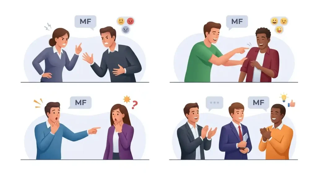 Adult conversations illustrating playful, frustrated, surprised, and admiring uses of MF.