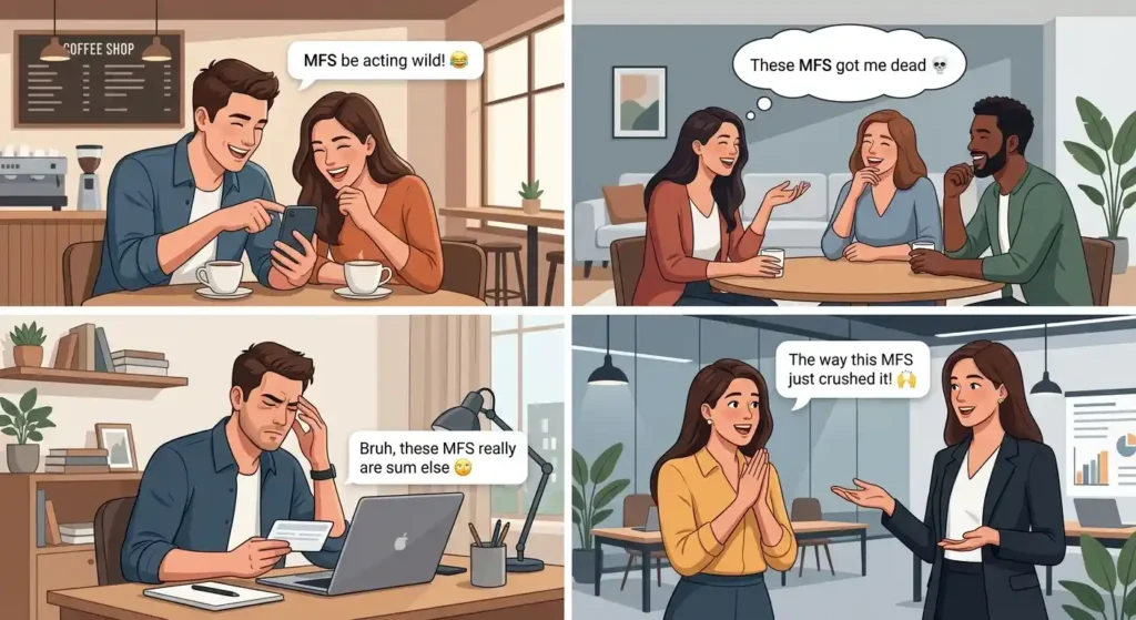 Adult conversations showing playful, amused, frustrated, and admiring uses of MFS.