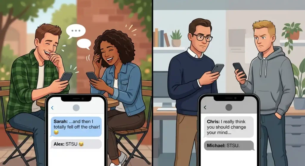STSU shown in playful and serious texting contexts