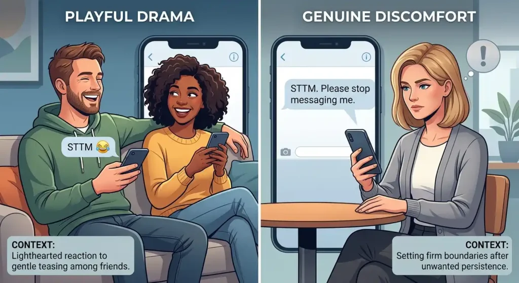 STTM shown in playful and serious texting contexts