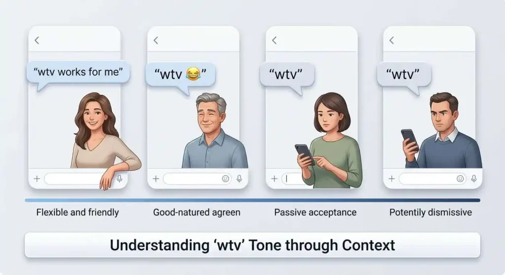 Different WTV messages showing how context, punctuation, and emojis affect tone.