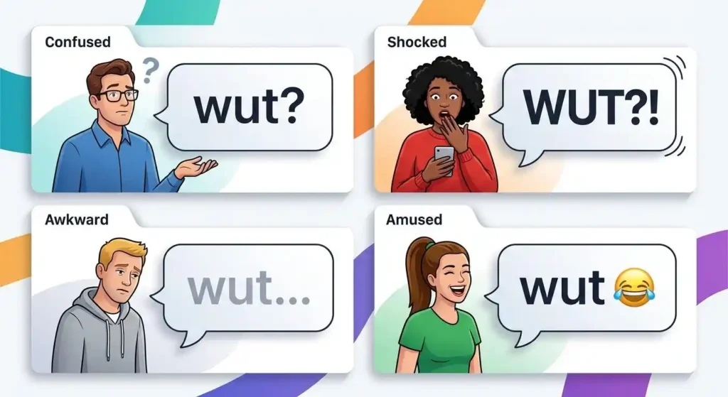 Different forms of WUT showing how punctuation, capitalization, and emojis affect tone.