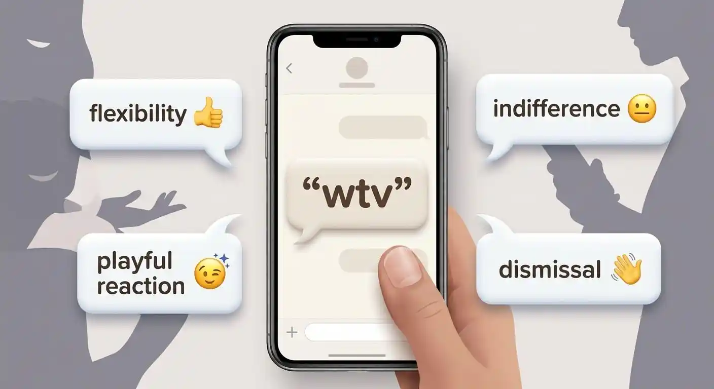 Smartphone conversation showing WTV as an informal abbreviation for “whatever.”
