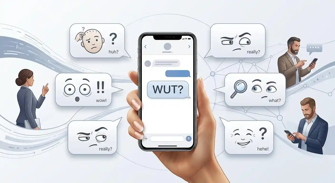 Smartphone showing WUT as an informal spelling of “what” with different emotional reactions.